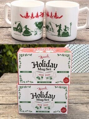 MIRACLE Set of 4 Retro Holiday Mugs Ceramic 6oz Eggnog Winter Scene Christmas